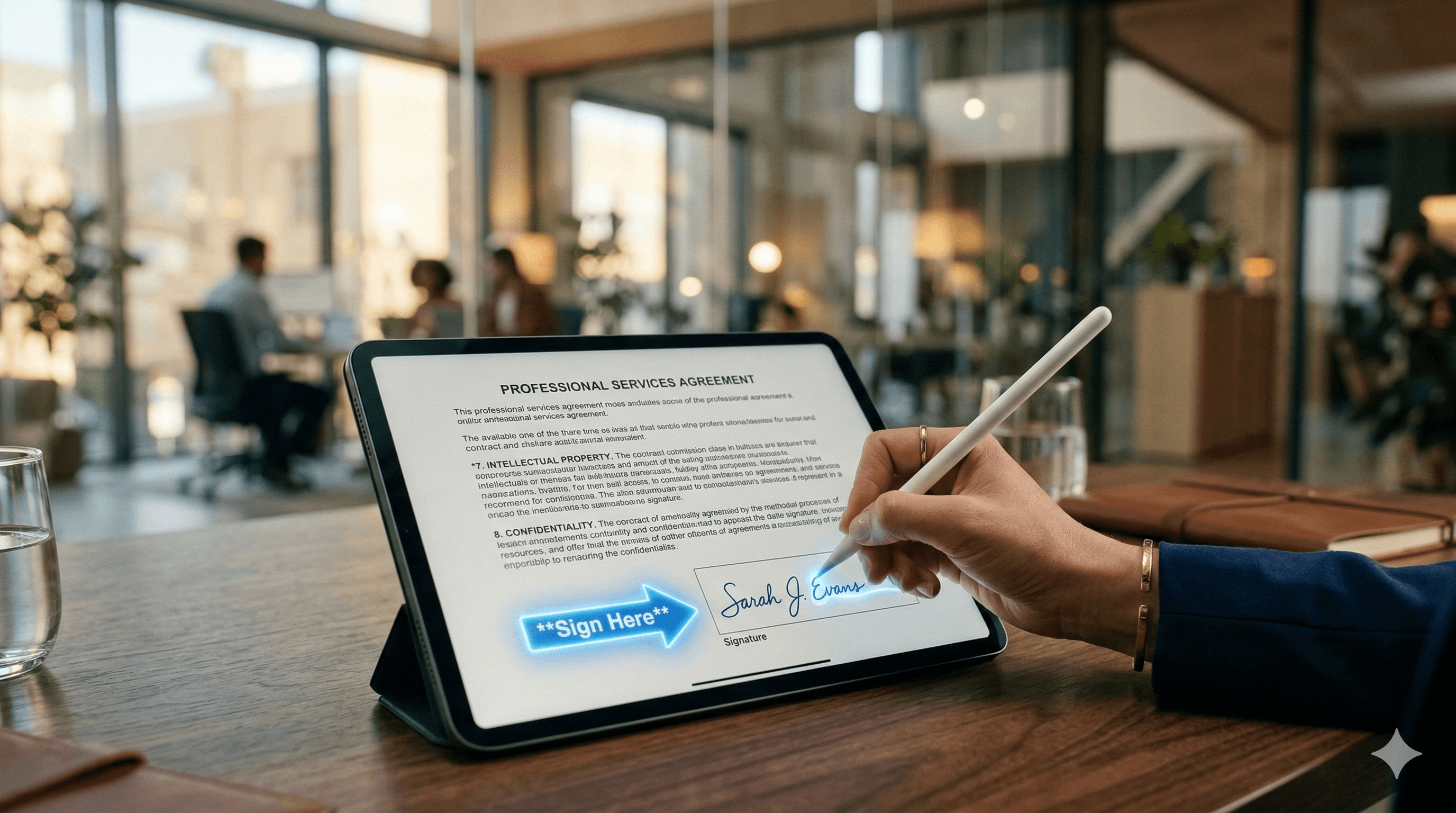 Digital document with signature fields and a pen icon representing electronic signatures